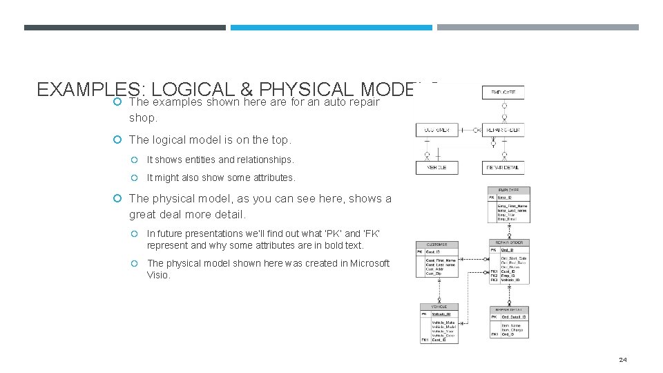 EXAMPLES: LOGICAL & PHYSICAL MODELS The examples shown here are for an auto repair