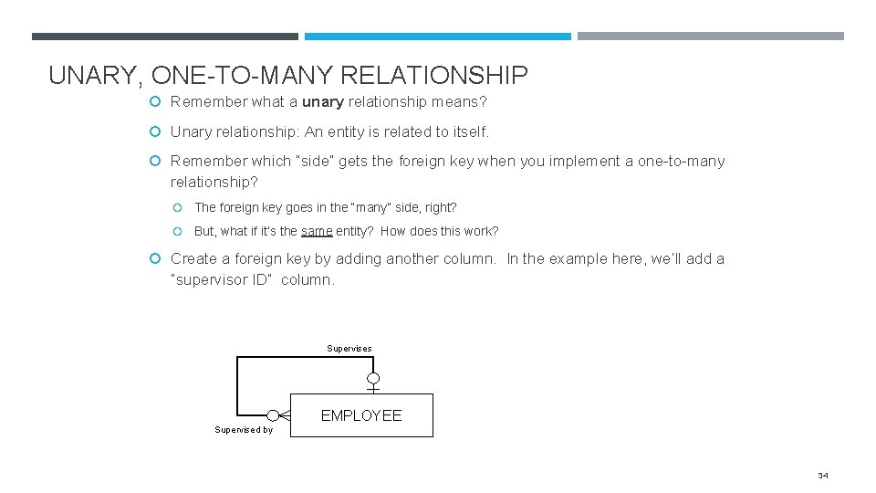 UNARY, ONE-TO-MANY RELATIONSHIP Remember what a unary relationship means? Unary relationship: An entity is