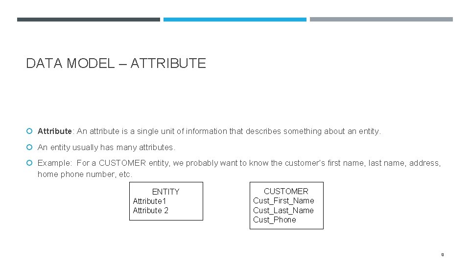 DATA MODEL – ATTRIBUTE Attribute: An attribute is a single unit of information that