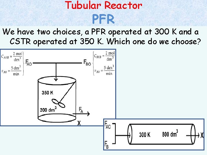 Tubular Reactor PFR We have two choices, a PFR operated at 300 K and