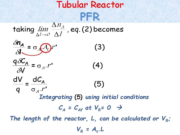 Tubular Reactor PFR Integrating (5) using initial conditions CA = CAf at VR= 0