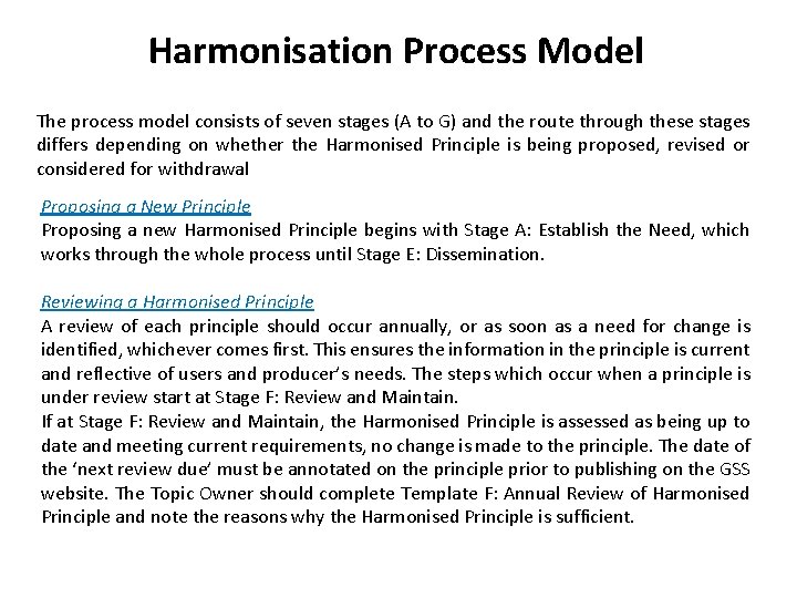 Harmonisation Process Model The process model consists of seven stages (A to G) and