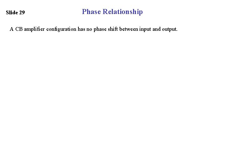 Slide 29 Phase Relationship A CB amplifier configuration has no phase shift between input