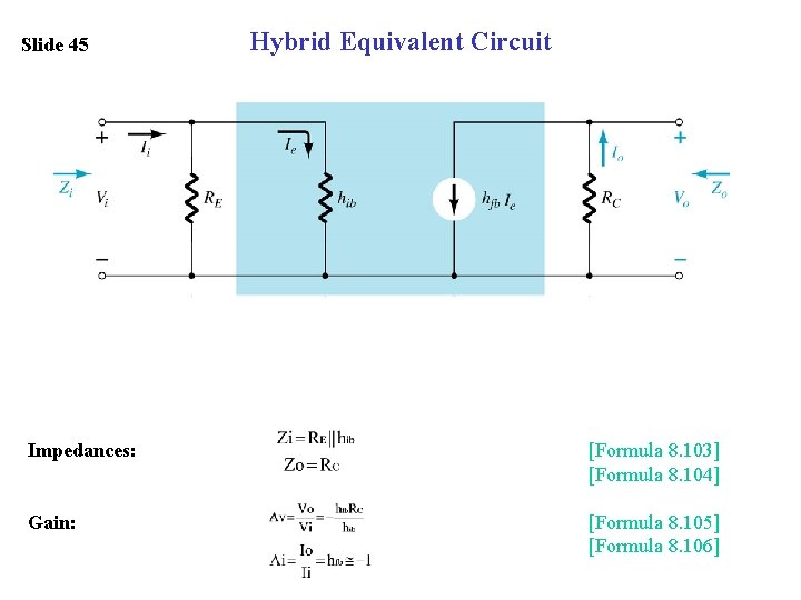 Slide 45 Hybrid Equivalent Circuit Impedances: [Formula 8. 103] [Formula 8. 104] Gain: [Formula