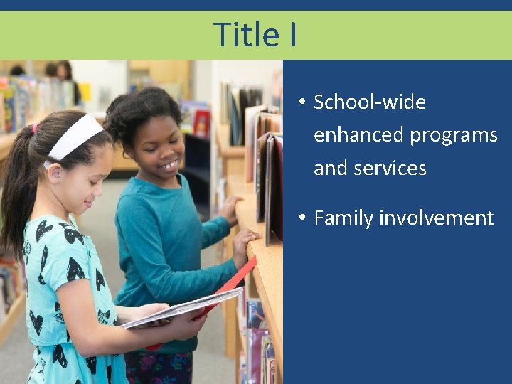 Title I • School-wide enhanced programs and services • Family involvement 