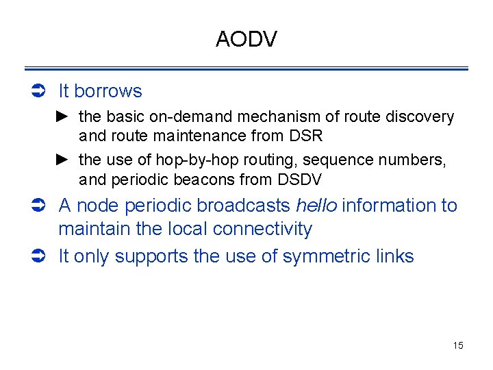 AODV Ü It borrows ► the basic on-demand mechanism of route discovery and route