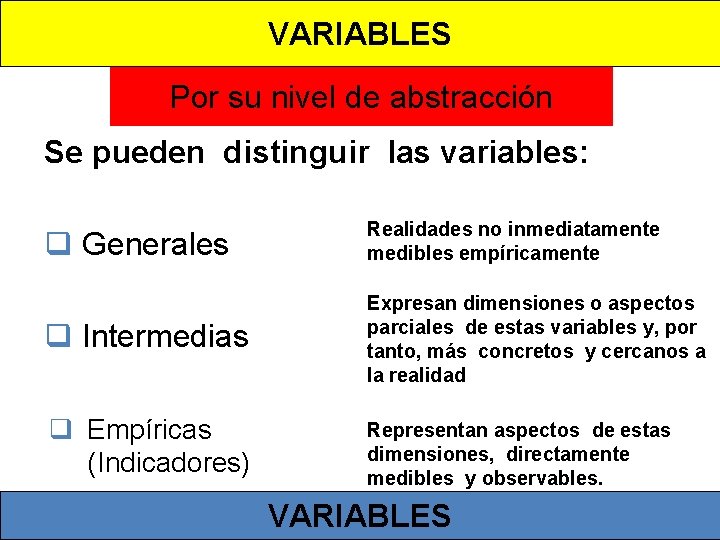 VARIABLES Por su nivel de abstracción Se pueden distinguir las variables: q Generales Realidades