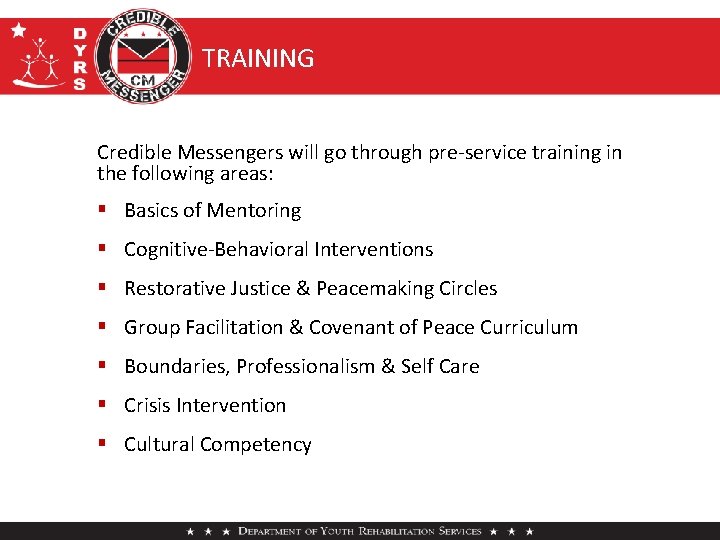 TRAINING Credible Messengers will go through pre-service training in the following areas: § Basics