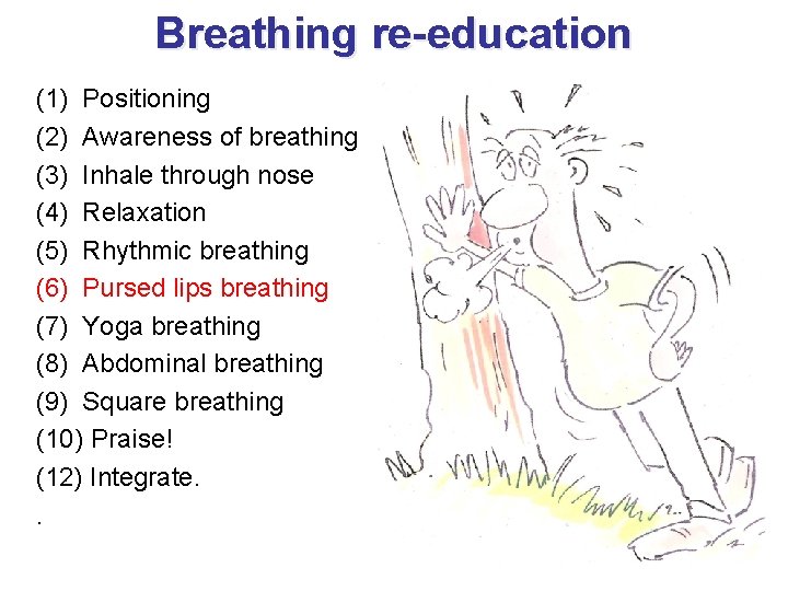 Breathing re-education (1) Positioning (2) Awareness of breathing (3) Inhale through nose (4) Relaxation