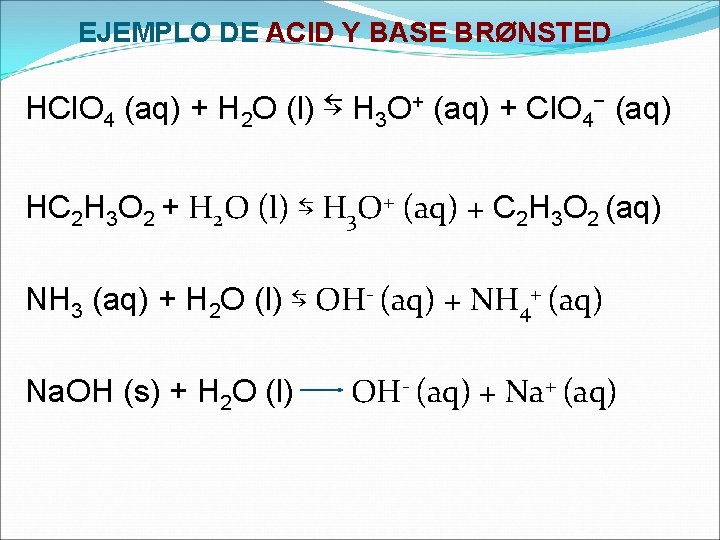 EJEMPLO DE ACID Y BASE BRØNSTED HCl. O 4 (aq) + H 2 O