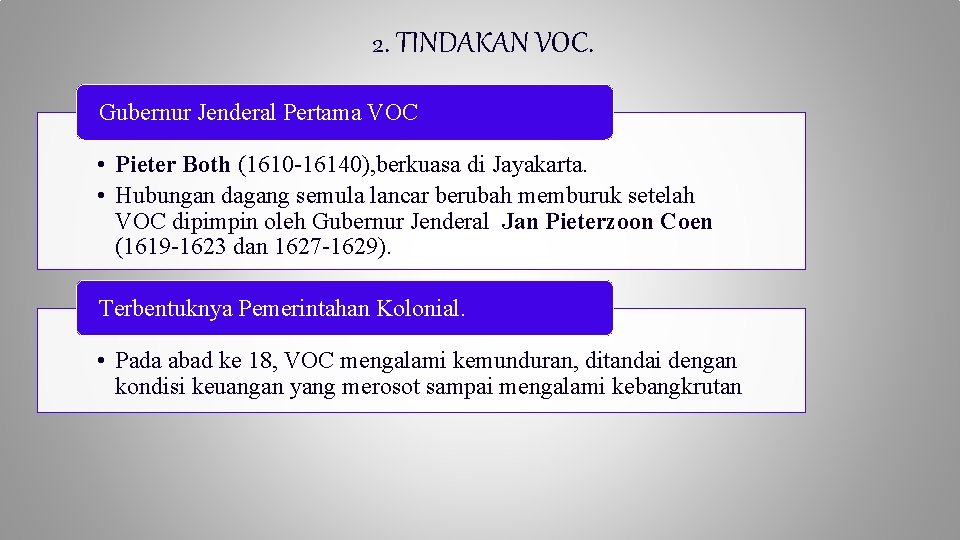 2. TINDAKAN VOC. Gubernur Jenderal Pertama VOC • Pieter Both (1610 -16140), berkuasa di