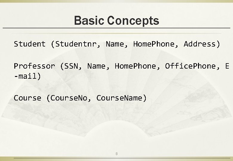 Basic Concepts Student (Studentnr, Name, Home. Phone, Address) Professor (SSN, Name, Home. Phone, Office.