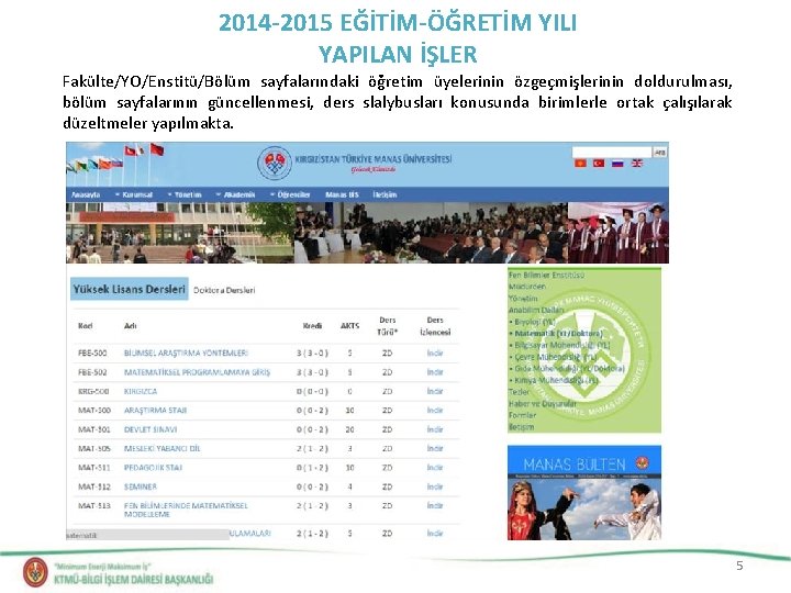 2014 -2015 EĞİTİM-ÖĞRETİM YILI YAPILAN İŞLER Fakülte/YO/Enstitü/Bölüm sayfalarındaki öğretim üyelerinin özgeçmişlerinin doldurulması, bölüm sayfalarının