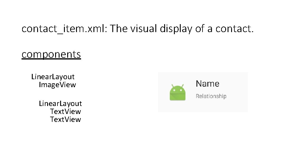 contact_item. xml: The visual display of a contact. components Linear. Layout Image. View Linear. contact_item. xml: The visual display of a contact. components Linear. Layout Image. View Linear.