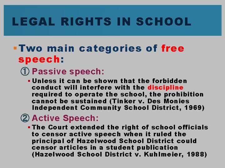 LEGAL RIGHTS IN SCHOOL § Two main categories of free speech: ① Passive speech: