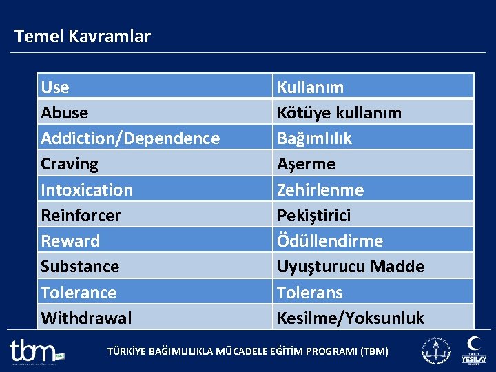 Temel Kavramlar Use Abuse Addiction/Dependence Craving Intoxication Reinforcer Reward Substance Tolerance Withdrawal Kullanım Kötüye