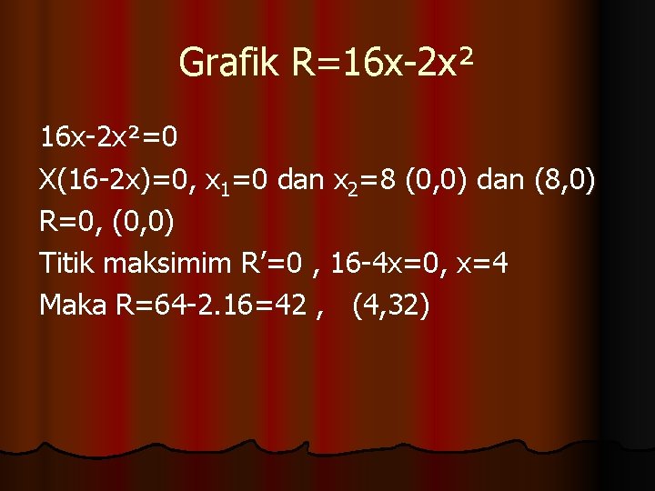 Grafik R=16 x-2 x²=0 X(16 -2 x)=0, x 1=0 dan x 2=8 (0, 0)