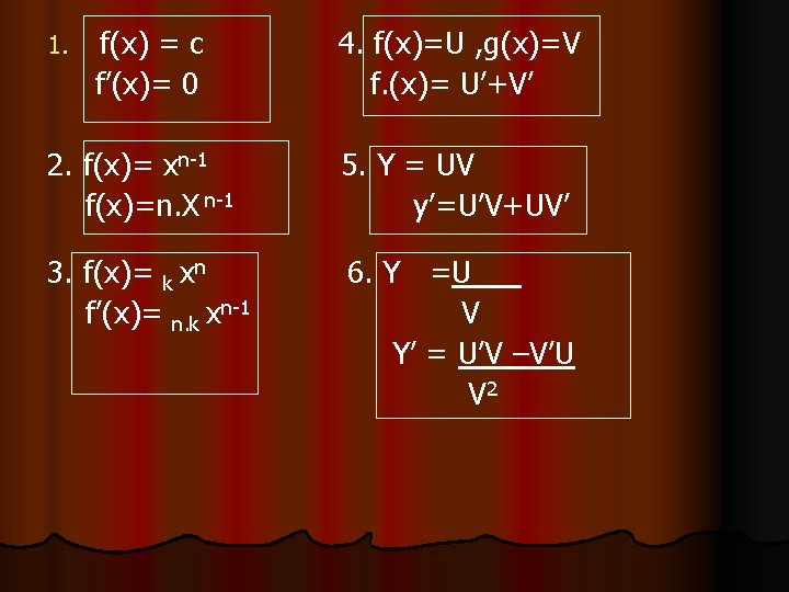 f(x) = c f’(x)= 0 4. f(x)=U , g(x)=V f. (x)= U’+V’ 2. f(x)=