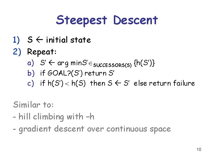 Steepest Descent 1) S initial state 2) Repeat: a) S’ arg min. S’ SUCCESSORS(S)