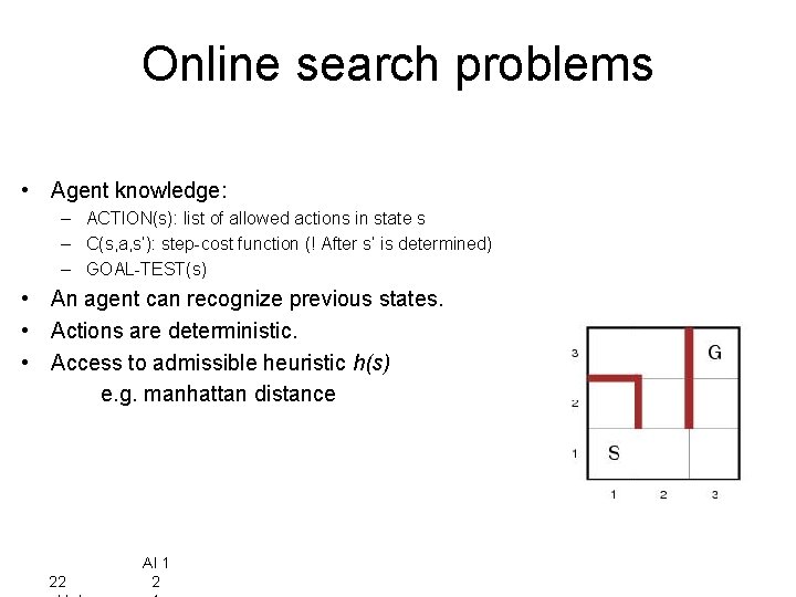 Online search problems • Agent knowledge: – ACTION(s): list of allowed actions in state
