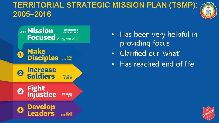 TERRITORIAL STRATEGIC MISSION PLAN (TSMP): 2005– 2016 • Has been very helpful in providing
