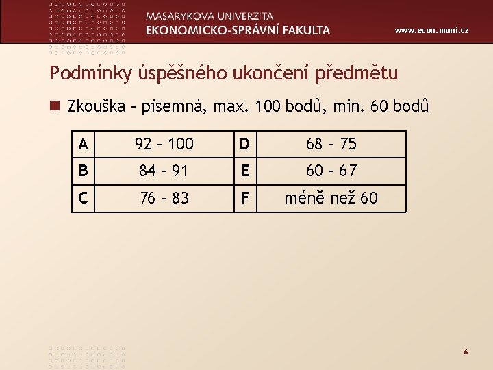 www. econ. muni. cz Podmínky úspěšného ukončení předmětu n Zkouška – písemná, max. 100
