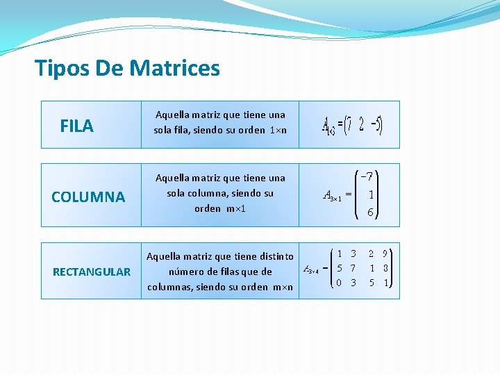 Tipos De Matrices FILA Aquella matriz que tiene una sola fila, siendo su orden