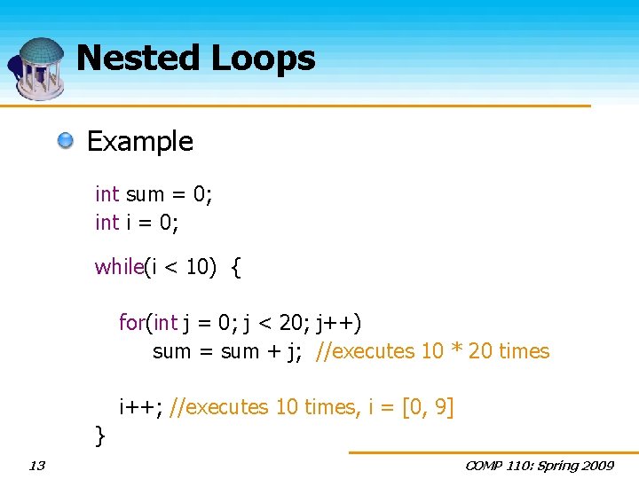 Nested Loops Example int sum = 0; int i = 0; while(i < 10)