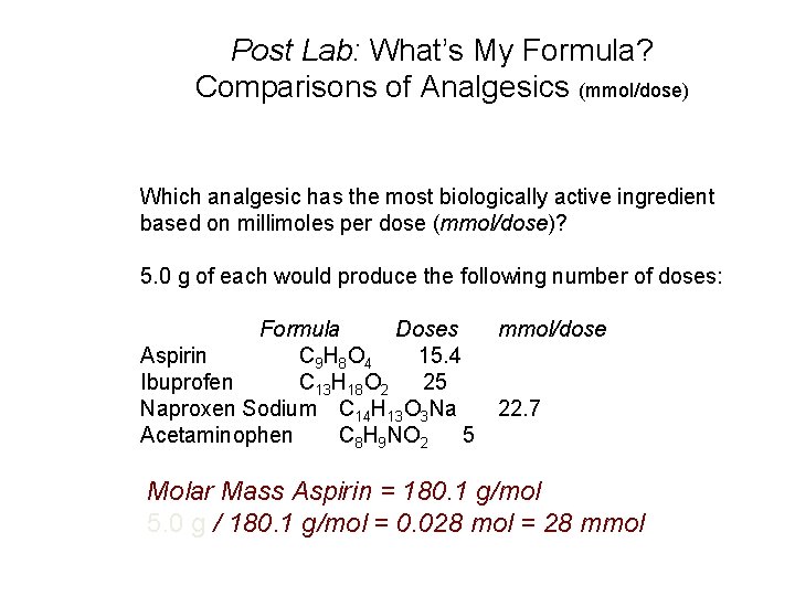 Post Lab: What’s My Formula? Comparisons of Analgesics (mmol/dose) Which analgesic has the most