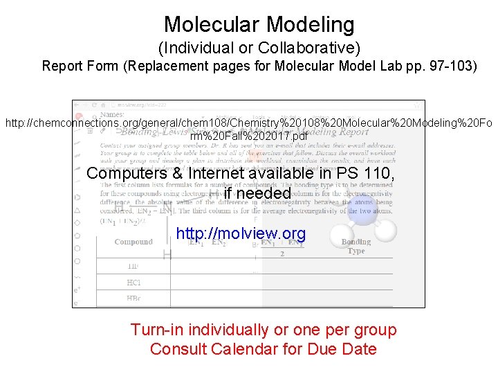 Molecular Modeling (Individual or Collaborative) Report Form (Replacement pages for Molecular Model Lab pp.