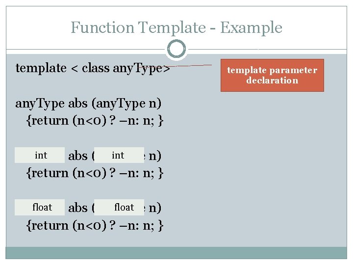 Function Template - Example template < class any. Type> any. Type abs (any. Type