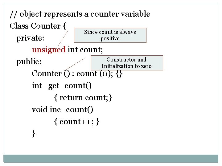 // object represents a counter variable Class Counter { Since count is always positive