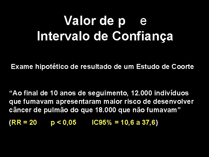 Valor de p e Intervalo de Confiança Exame hipotético de resultado de um Estudo