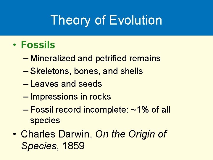 Theory of Evolution • Fossils – Mineralized and petrified remains – Skeletons, bones, and