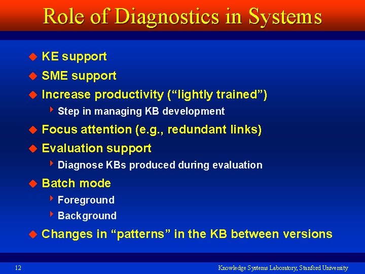 Role of Diagnostics in Systems u KE support u SME support u Increase productivity