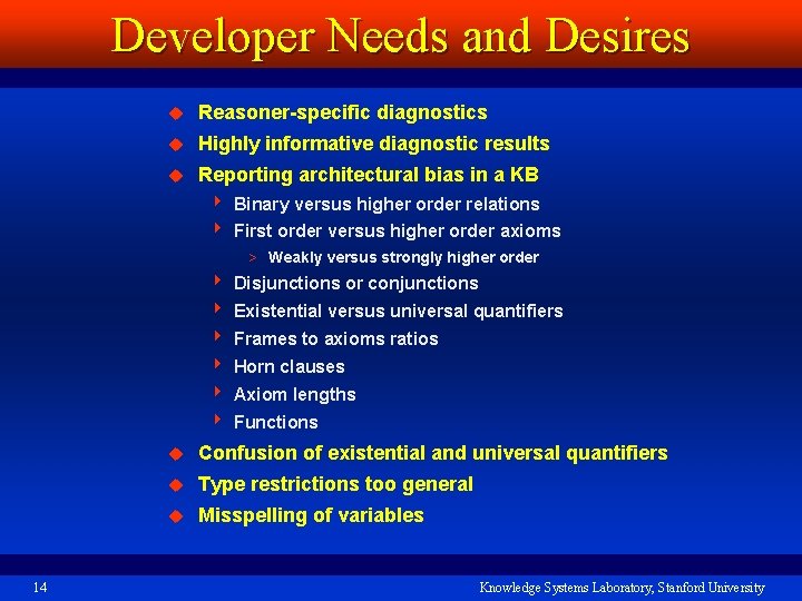 Developer Needs and Desires u Reasoner-specific diagnostics u Highly informative diagnostic results u Reporting