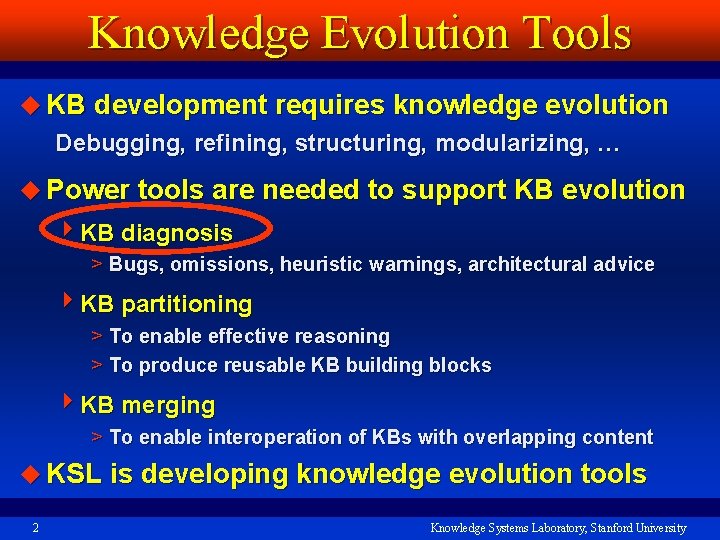 Knowledge Evolution Tools u KB development requires knowledge evolution Debugging, refining, structuring, modularizing, …