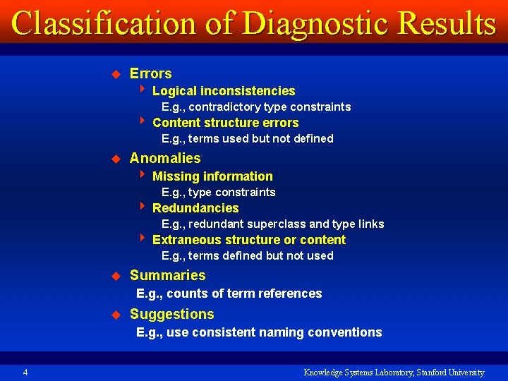 Classification of Diagnostic Results u Errors 4 Logical inconsistencies E. g. , contradictory type