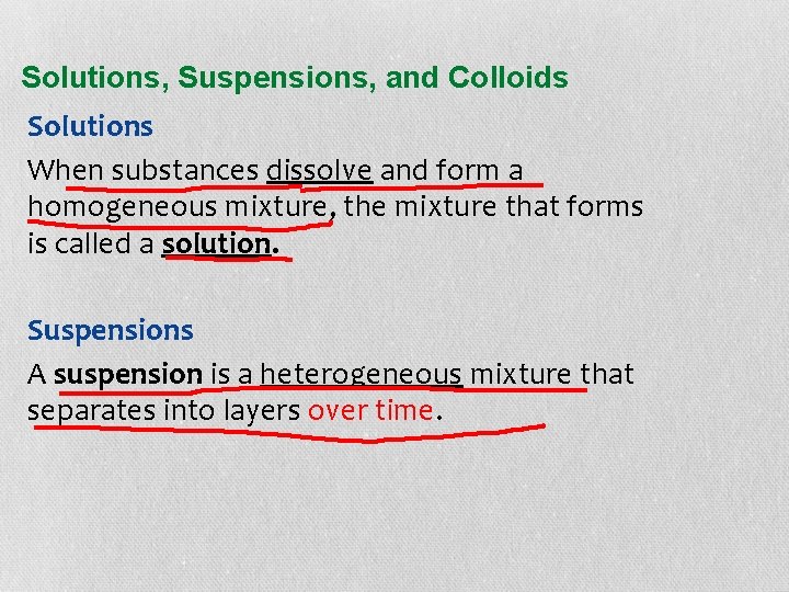 Solutions, Suspensions, and Colloids Solutions When substances dissolve and form a homogeneous mixture, the