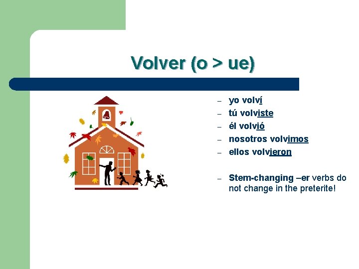 Volver (o > ue) – – – yo volví tú volviste él volvió nosotros