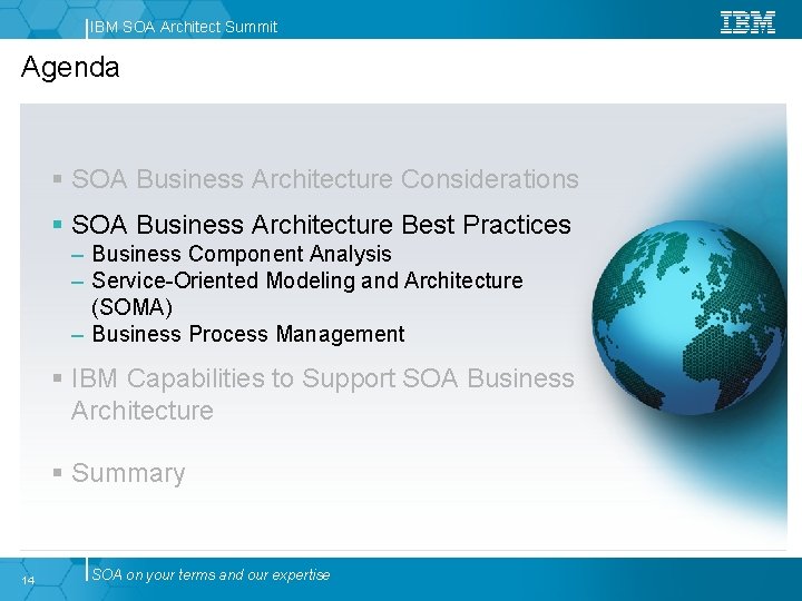 IBM SOA Architect Summit Agenda SOA Business Architecture Considerations SOA Business Architecture Best Practices