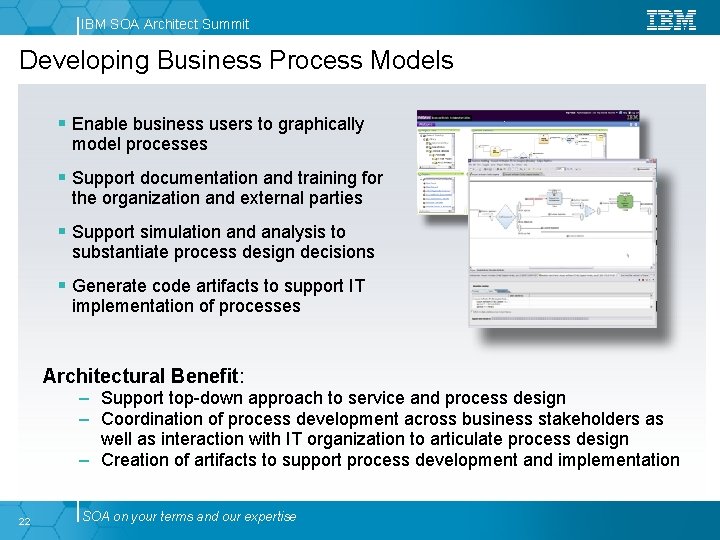 IBM SOA Architect Summit Developing Business Process Models Enable business users to graphically model