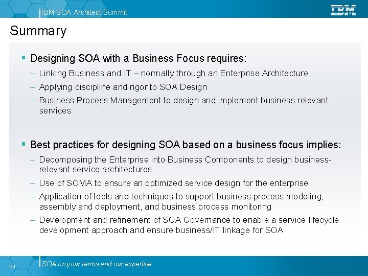 IBM SOA Architect Summit Summary Designing SOA with a Business Focus requires: – Linking