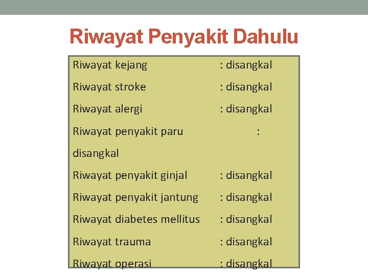 Riwayat Penyakit Dahulu Riwayat kejang : disangkal Riwayat stroke : disangkal Riwayat alergi :