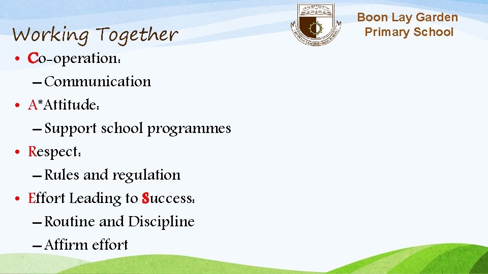 Working Together • Co-operation: – Communication • A*Attitude: – Support school programmes • Respect: