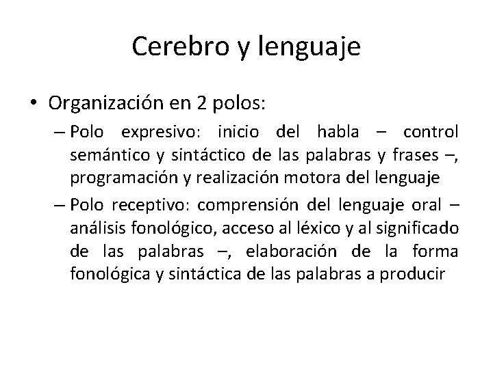 Cerebro y lenguaje • Organización en 2 polos: – Polo expresivo: inicio del habla