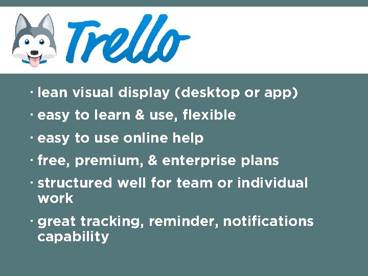  lean visual display (desktop or app) easy to learn & use, flexible easy