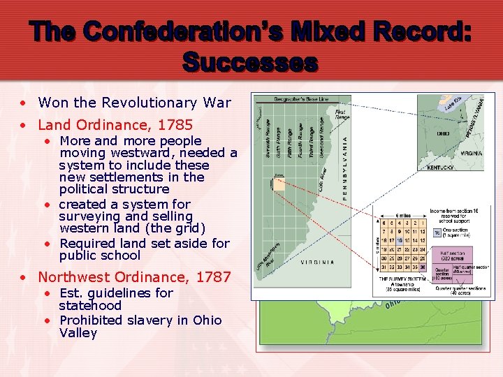  • Won the Revolutionary War • Land Ordinance, 1785 • More and more