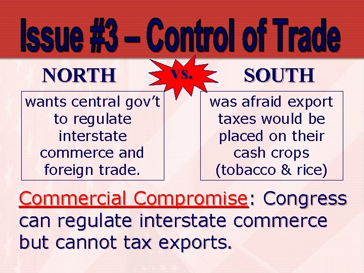 NORTH wants central gov’t to regulate interstate commerce and foreign trade. vs. SOUTH was