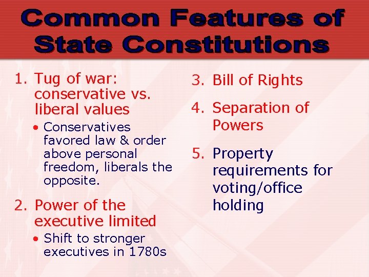 1. Tug of war: conservative vs. liberal values • Conservatives favored law & order